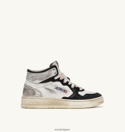 baskets super vintage mid en cuir blanc noir et argent femmes belgique Autry N0XLH0204